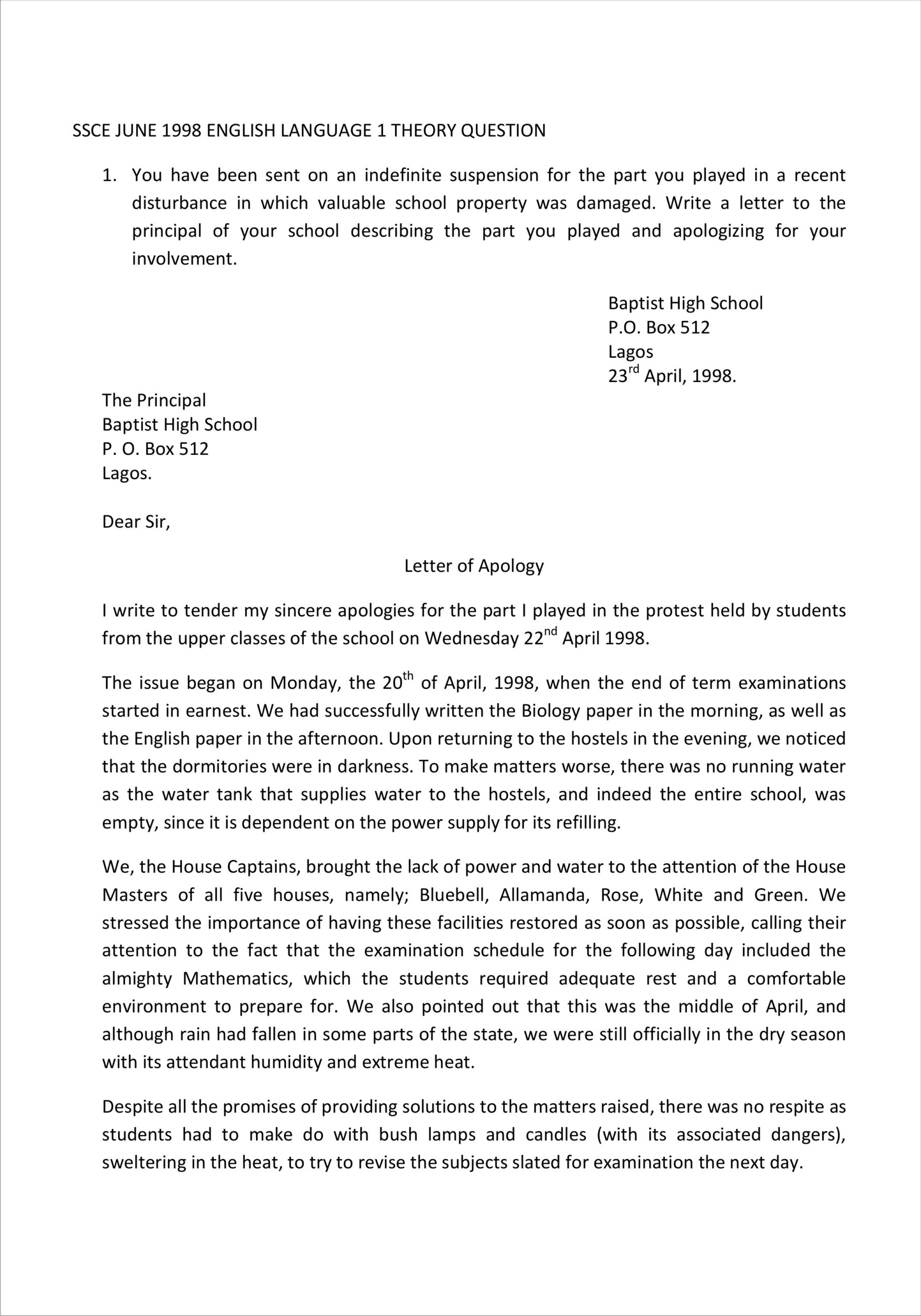 Past WAEC English question Letter of Apology