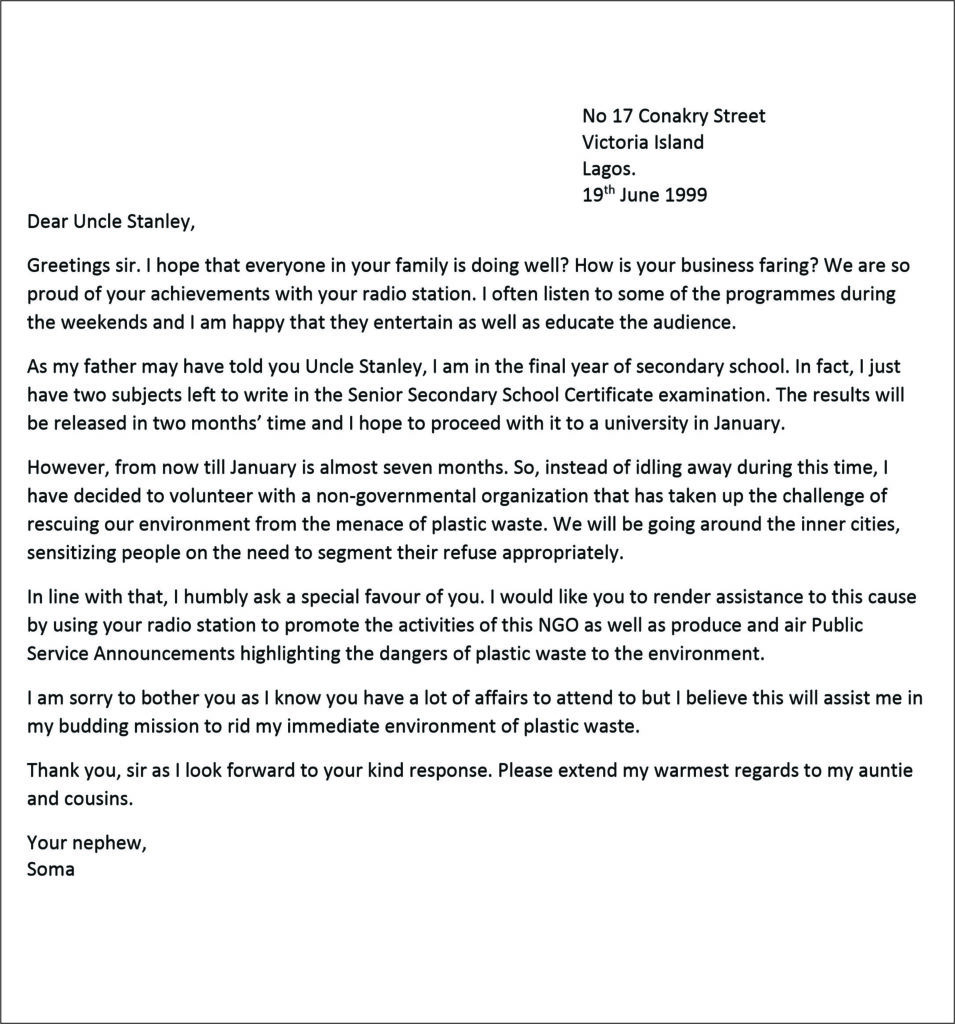 WAEC 1999 letter to uncle asking for help