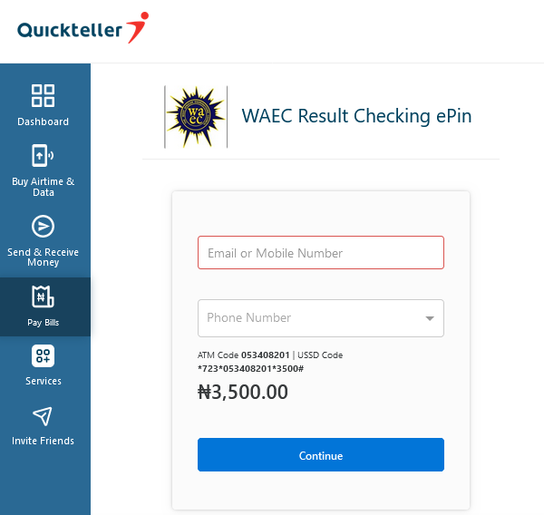 step 2 of how to buy WAEC scratch card online using Quickteller