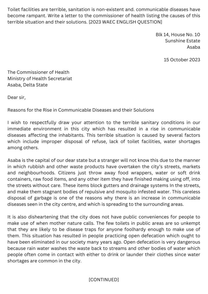 letter on why communicable diseases are rampant